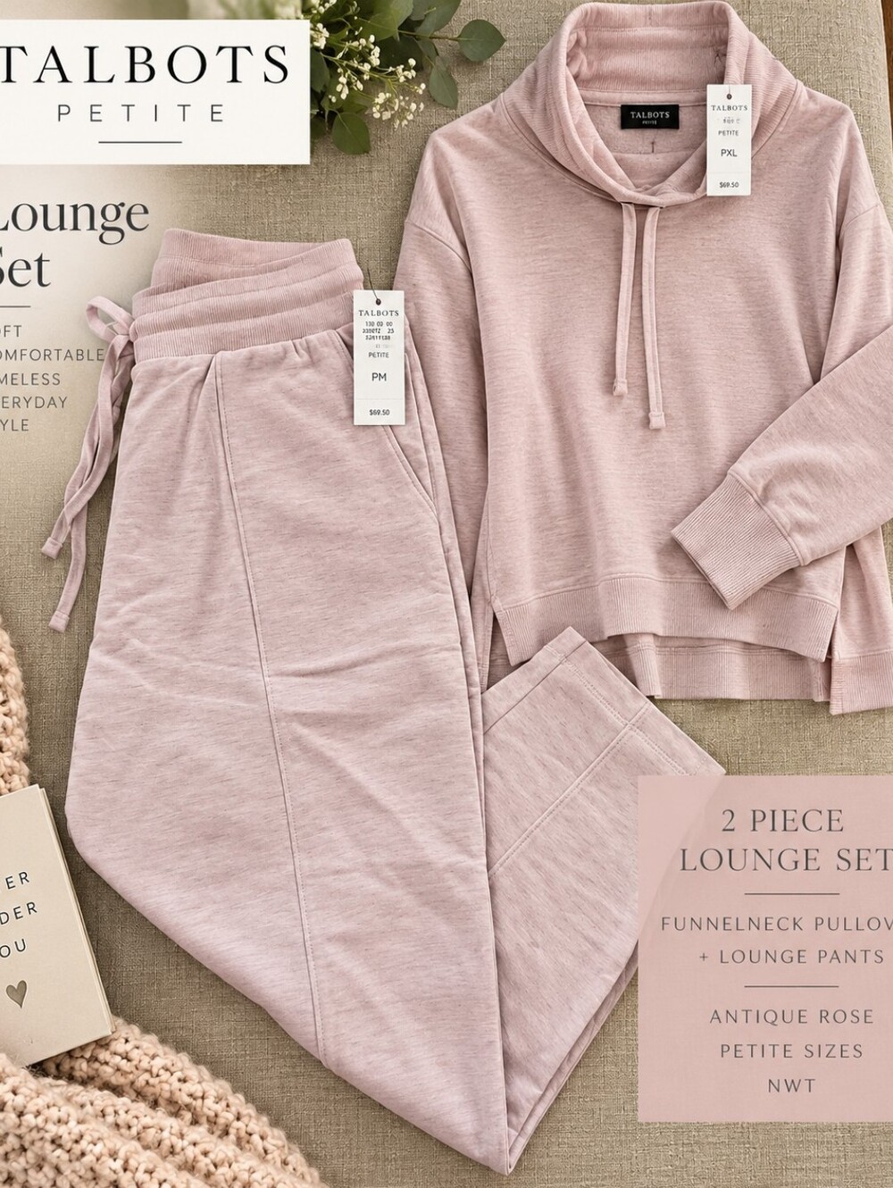 NWT Talbots Petite 2-Pc Blush Pink Jogger Set Pullover Top PM PXL